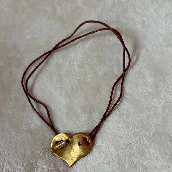 Nikki Glazer Jewelry - Gold Heart Pendant Necklace with Leather Brown Cord Crystal accent